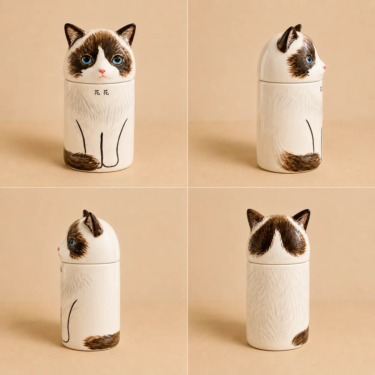 Front, side and back views of a large hand-painted ceramic cat memorial urn