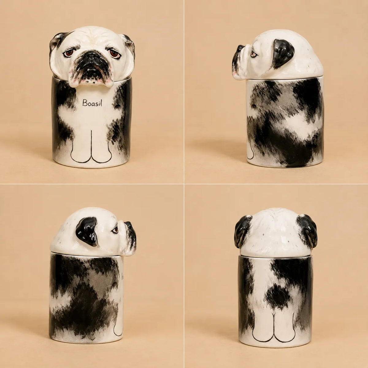 Front, side and back views of a large hand-painted ceramic dog memorial urn