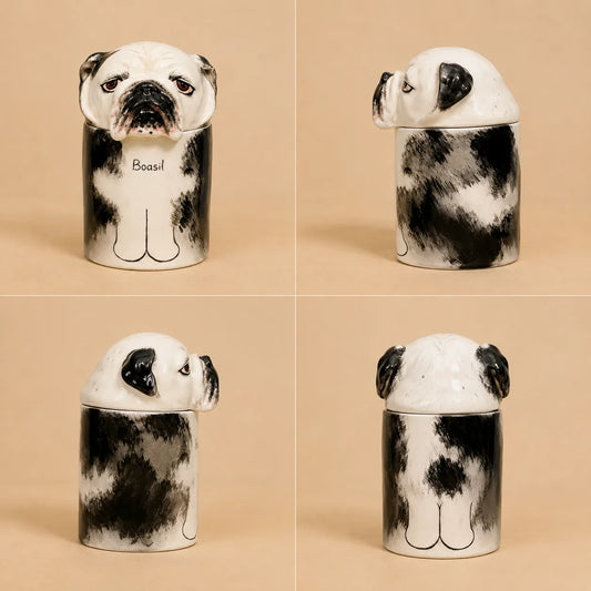 Front, side and back views of a large hand-painted ceramic dog memorial urn