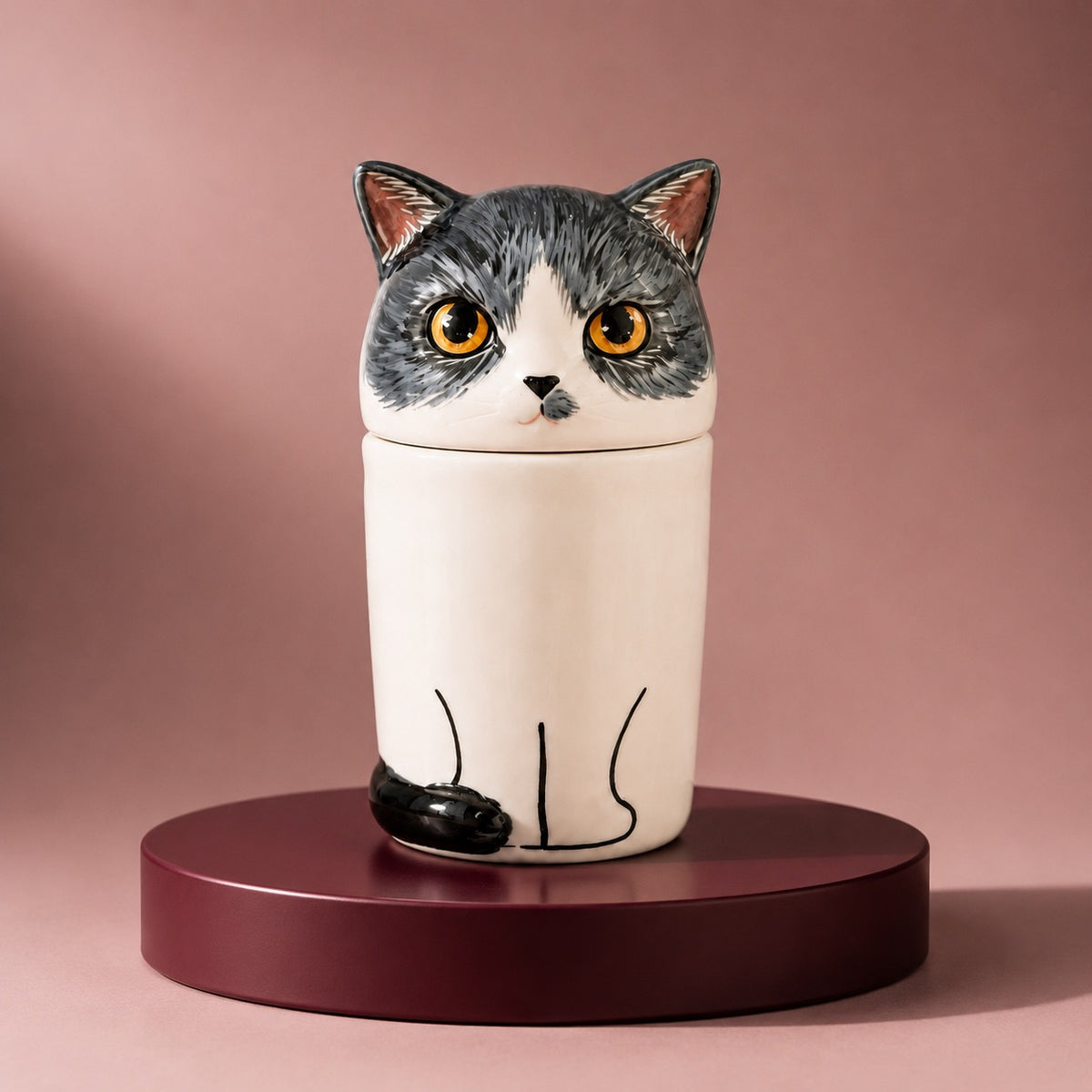 Front view of a small personalized black and white ceramic cat urn for ashes