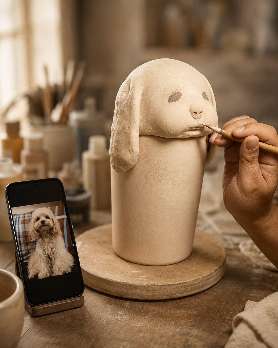 Ludamora artist hand-painting a custom ceramic pet memorial