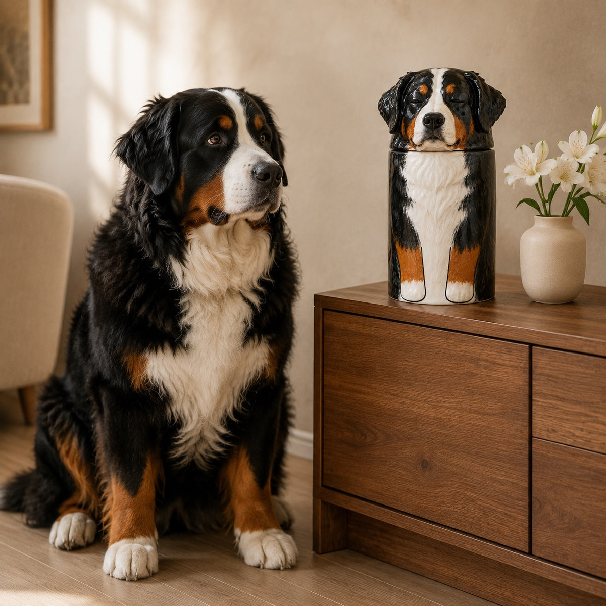 Custom Bernese Mountain Dog urn for ashes displayed beside a Bernese Mountain Dog