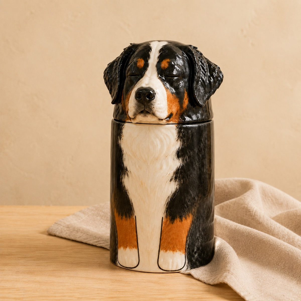Front view of an extra-large ceramic Bernese Mountain Dog urn for ashes