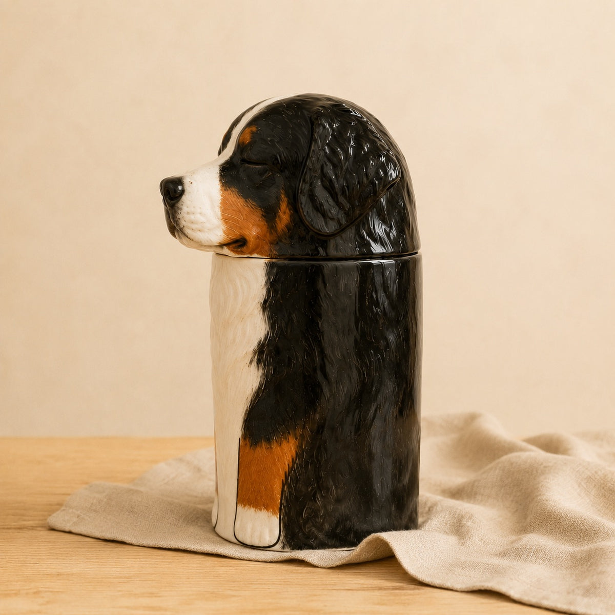 Side profile of a ceramic Bernese Mountain Dog memorial urn facing left