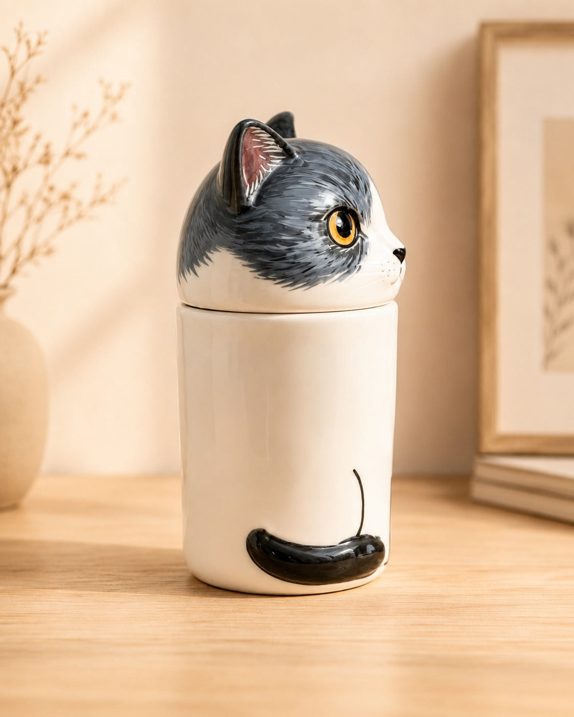 Right side view of a gray and white ceramic cat memorial urn