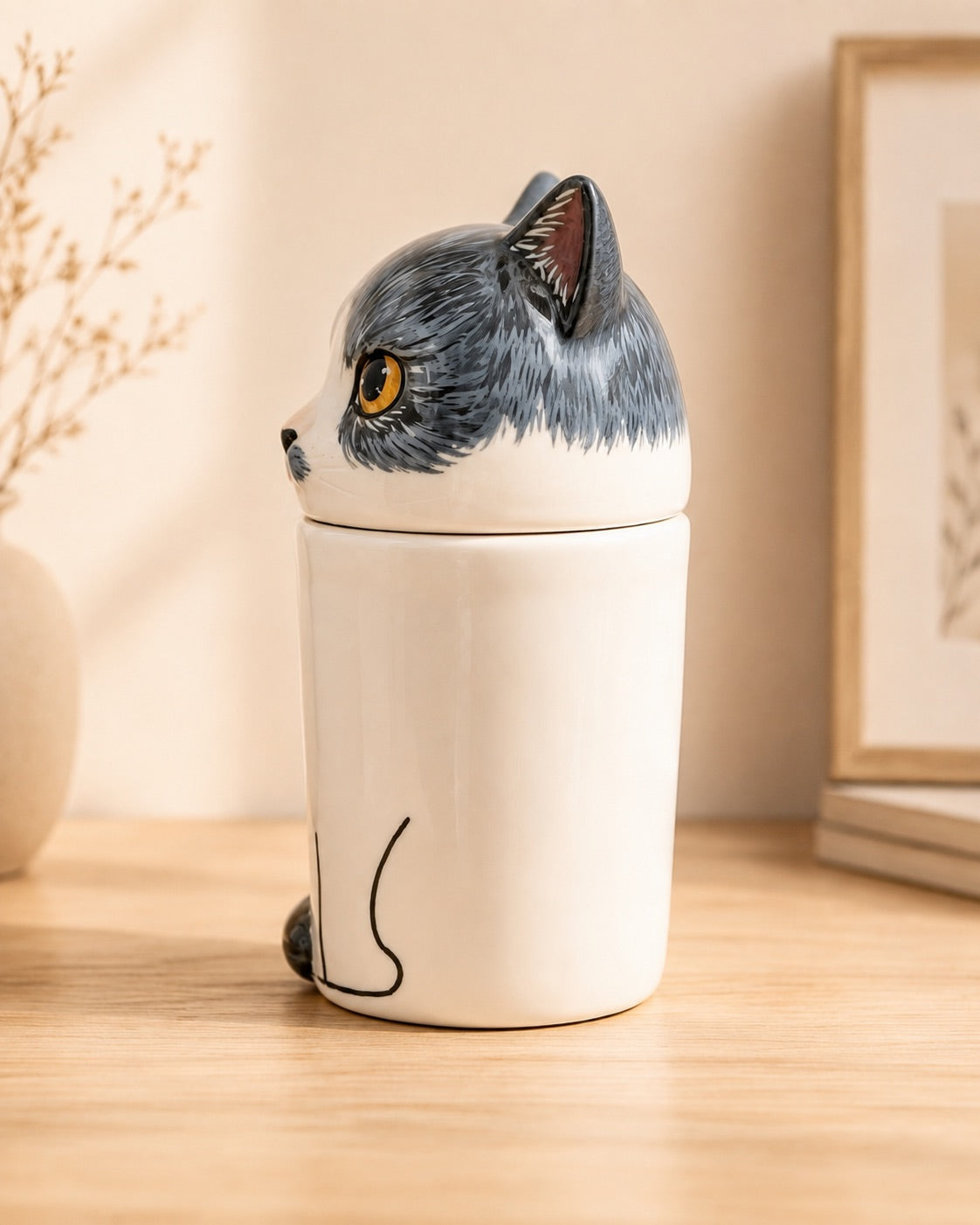 Left side view of a gray and white ceramic cat memorial urn