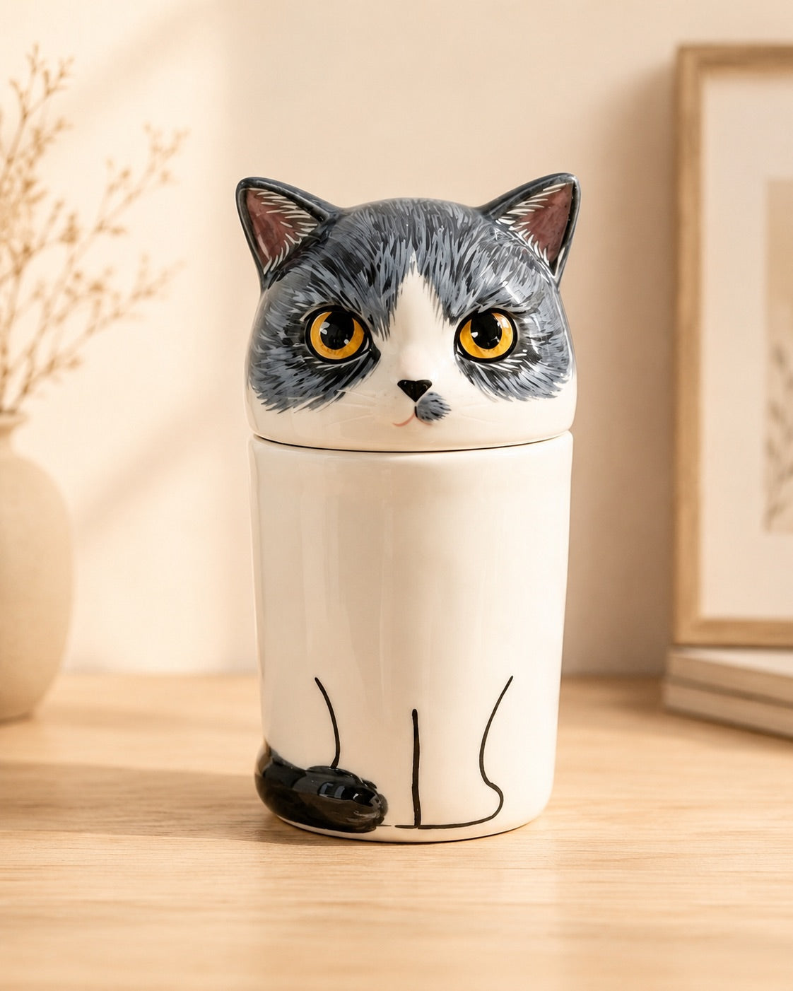 Front view of a gray and white ceramic cat memorial urn