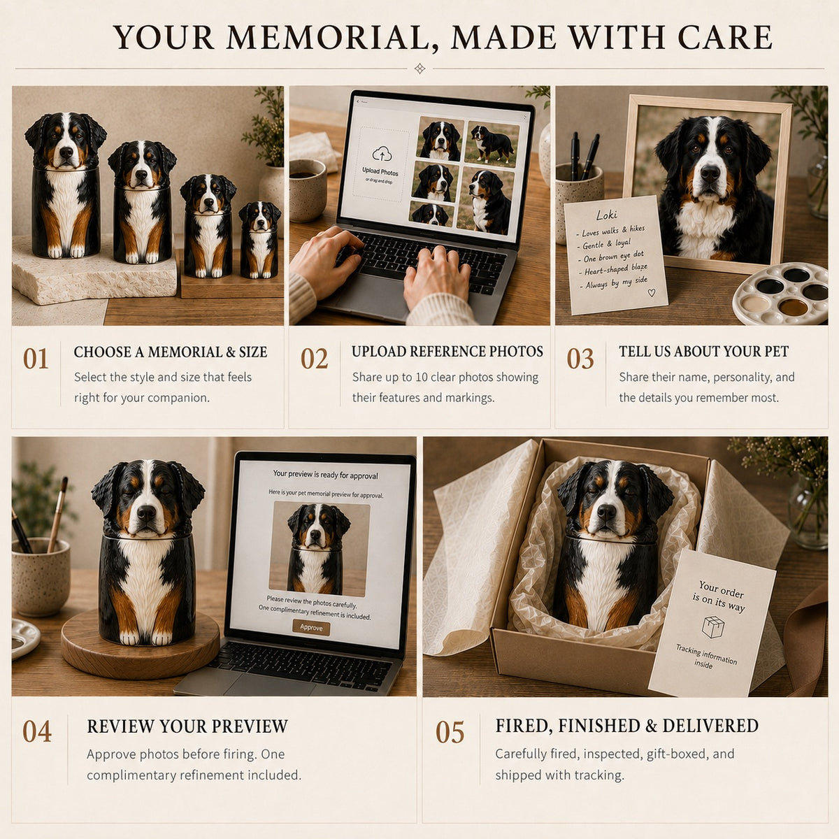 Custom dog memorial urn ordering process from pet photo upload to preview approval and delivery