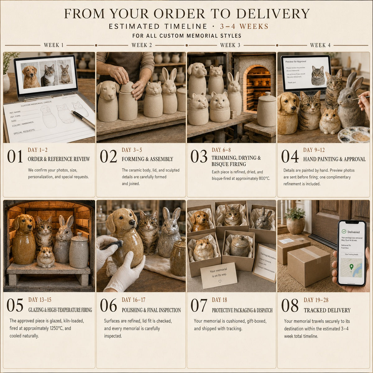 Custom ceramic pet memorial production and delivery timeline from order review to tracked delivery