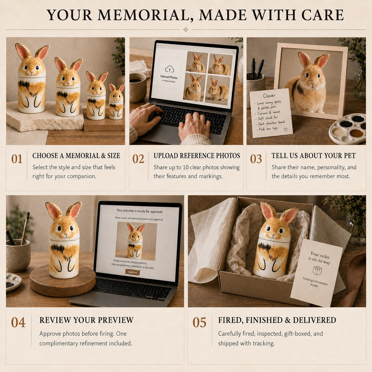 Custom rabbit memorial urn ordering process from pet photo upload to preview approval and delivery