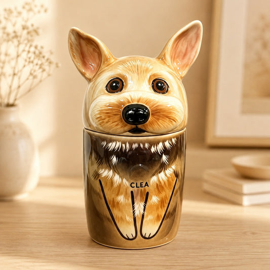 Front view of a custom small dog-shaped ceramic urn personalized with the name Clea