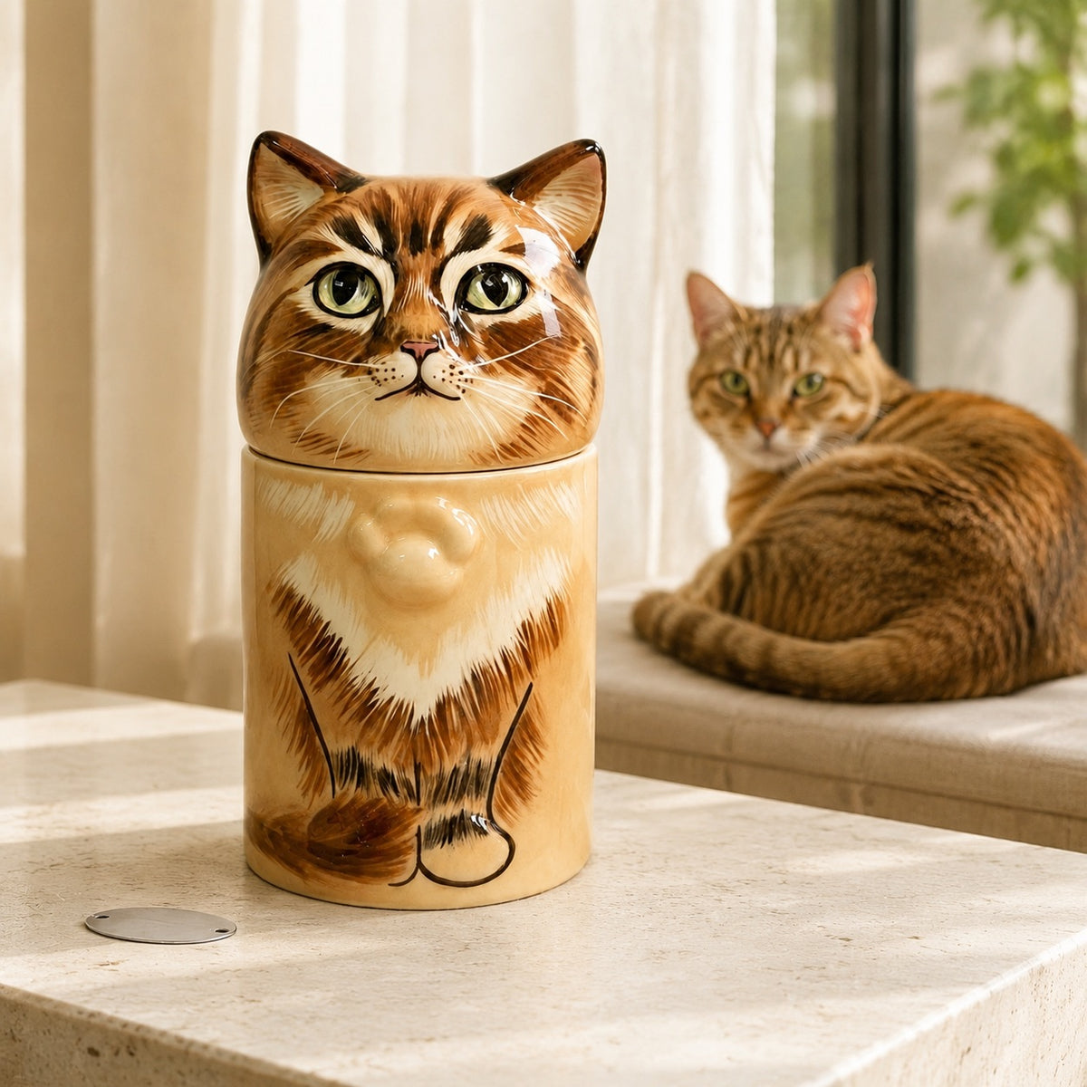 Custom hand-painted tabby cat urn for ashes displayed beside a tabby cat