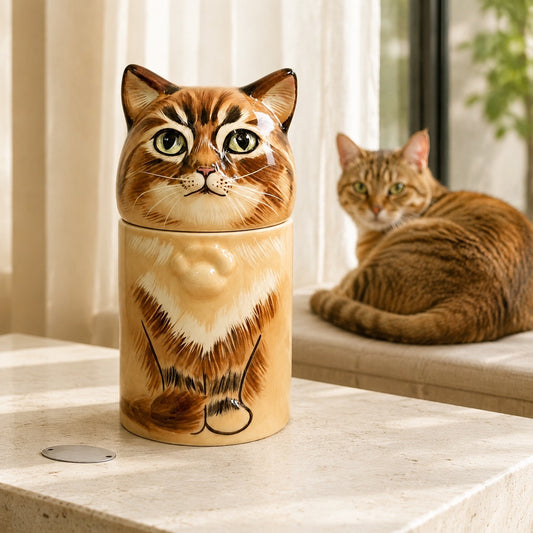 Custom hand-painted tabby cat urn for ashes displayed beside a tabby cat