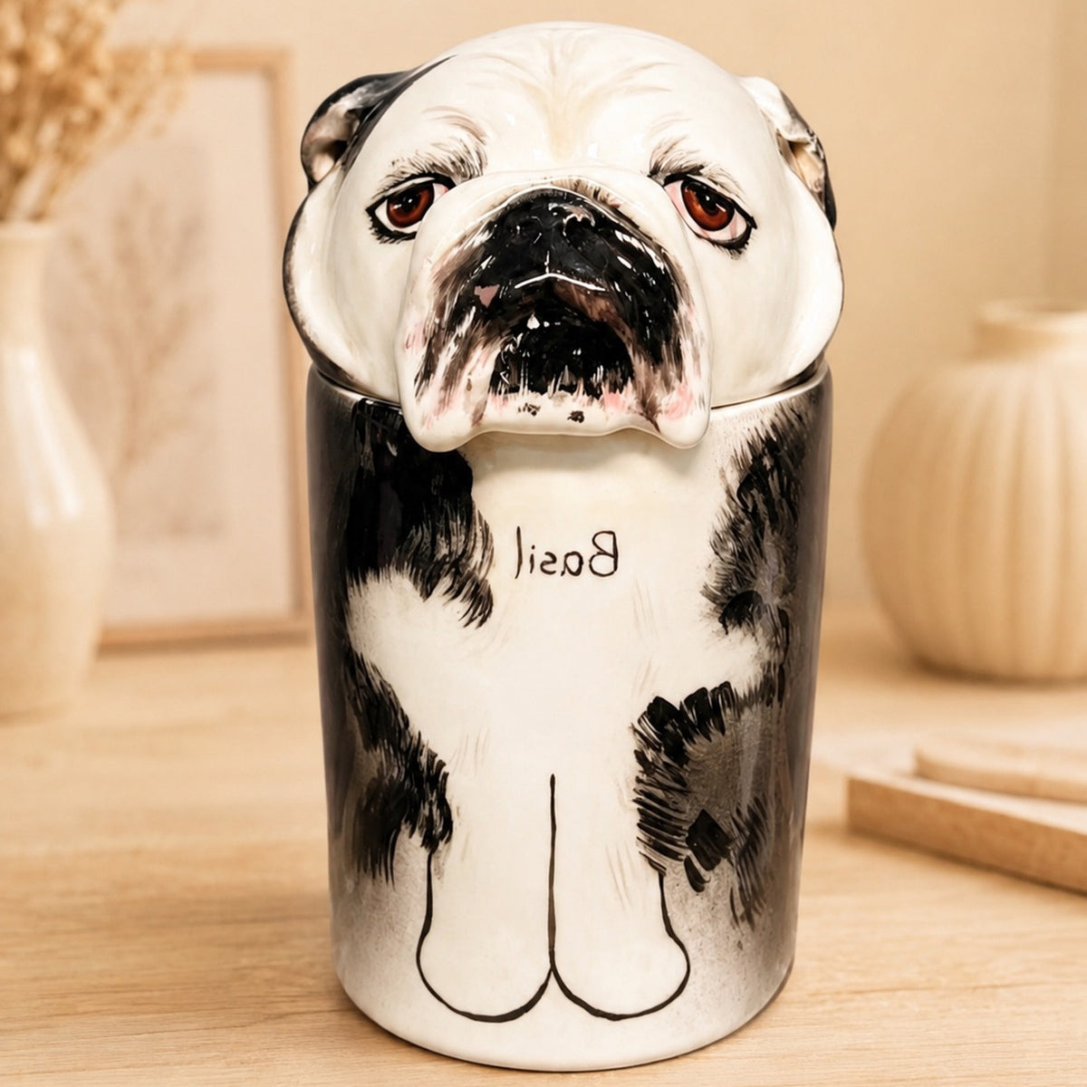 Personalized English Bulldog urn for ashes displayed in a warm home setting