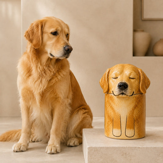 Custom Golden Retriever urn for ashes displayed beside a Golden Retriever