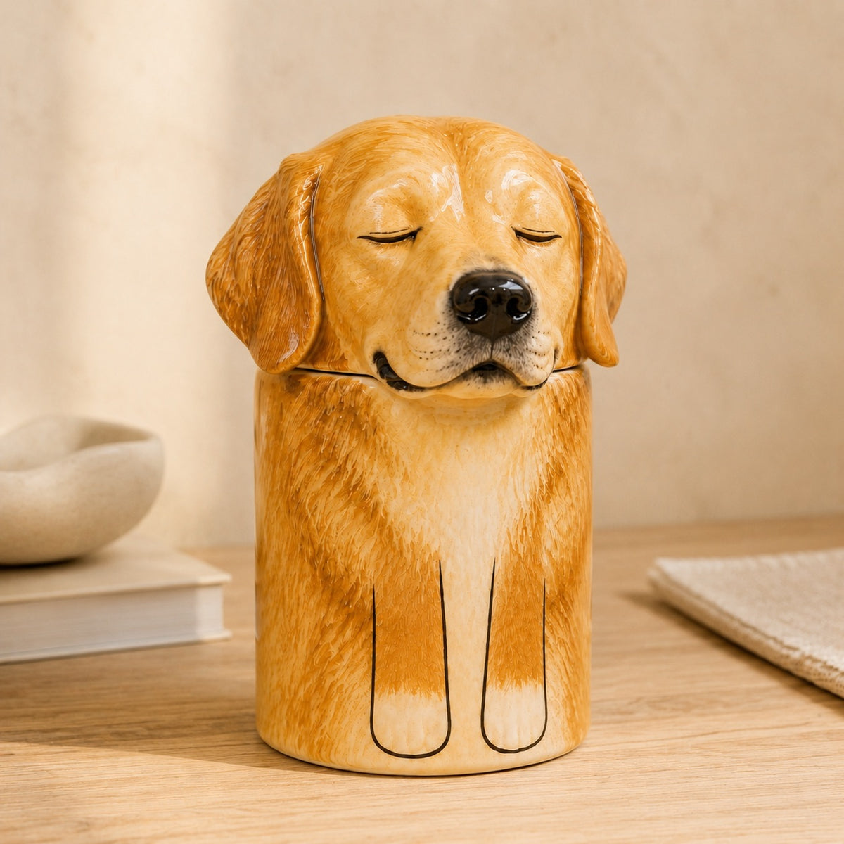 Front view of a custom ceramic Golden Retriever urn for ashes
