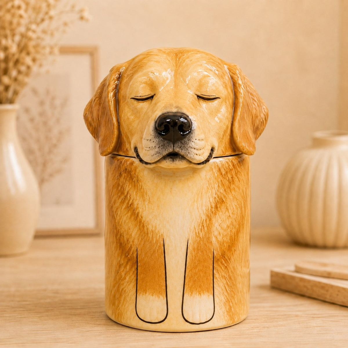 Hand-painted ceramic Golden Retriever urn displayed in a warm home setting
