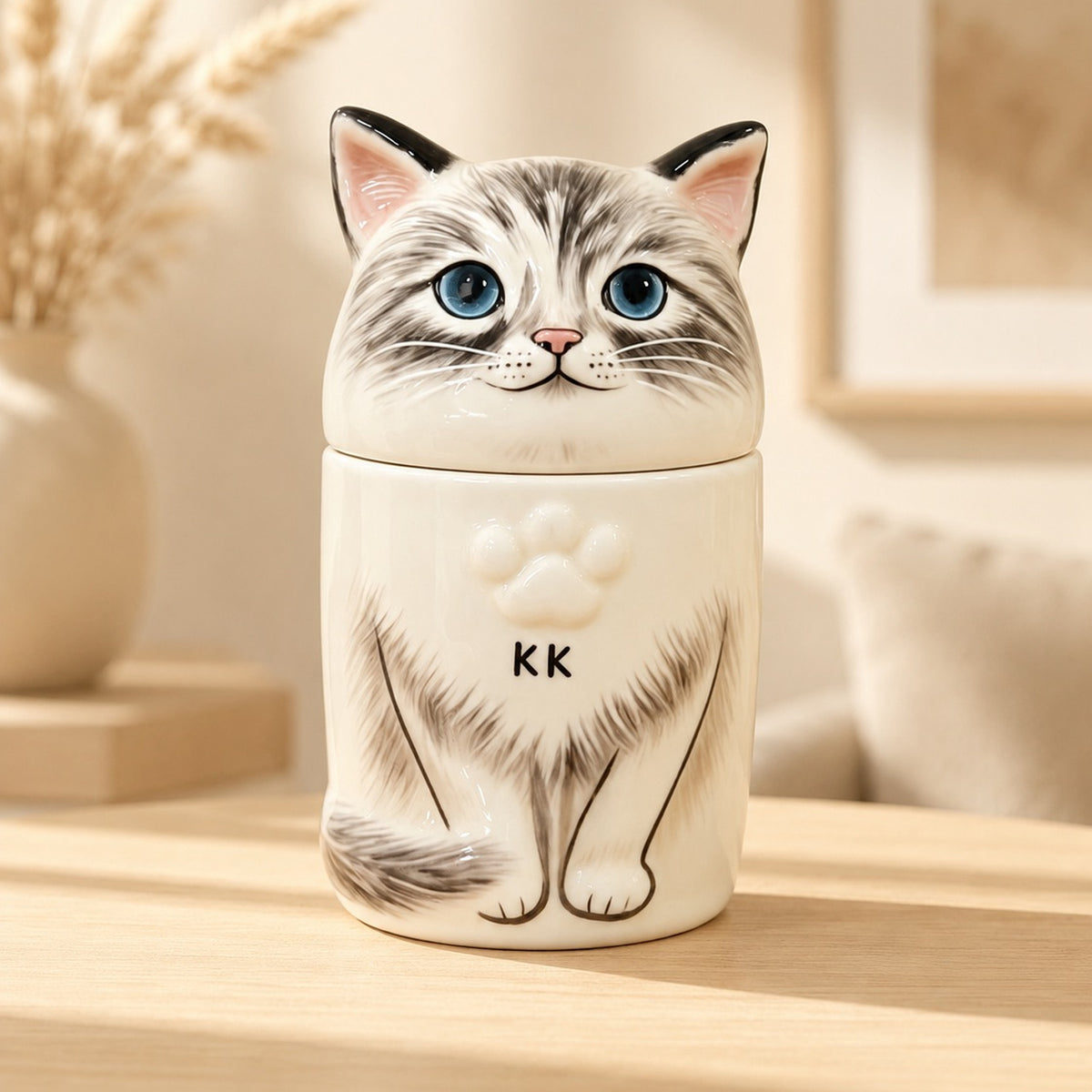 Front view of a large ceramic cat urn personalized with the initials KK