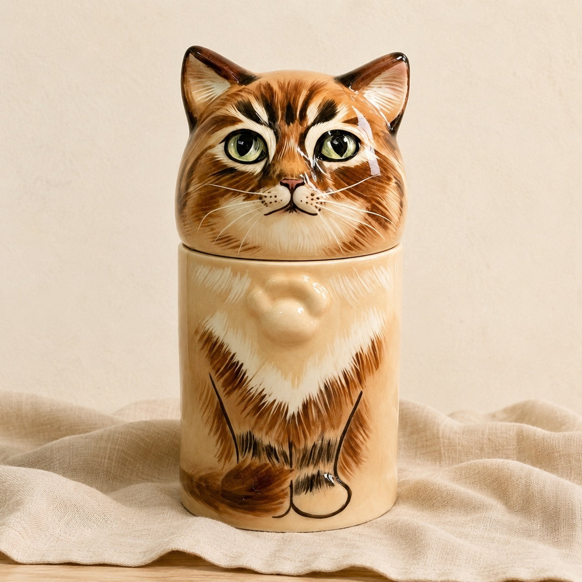 Front view of a large hand-painted ceramic tabby cat urn for ashes