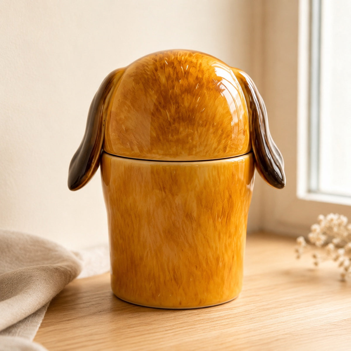 Back view of a personalized ceramic lop-eared rabbit urn for ashes