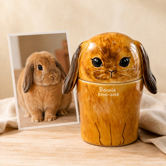 Personalized lop-eared rabbit urn for ashes created from a reference pet photo