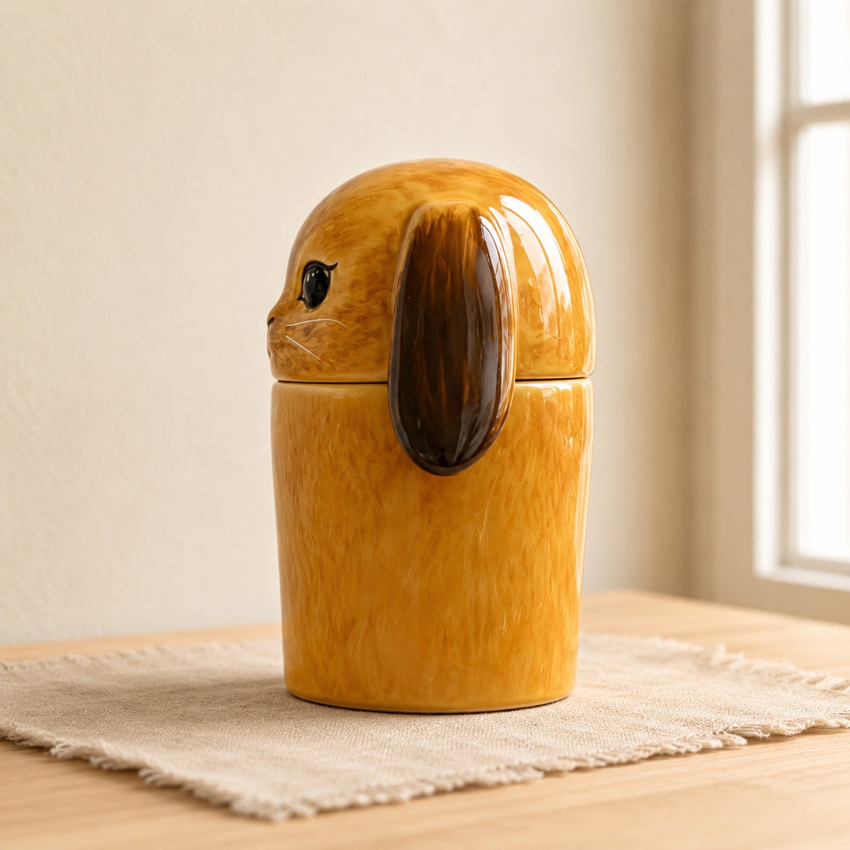Left side view of a personalized ceramic lop-eared rabbit urn for ashes