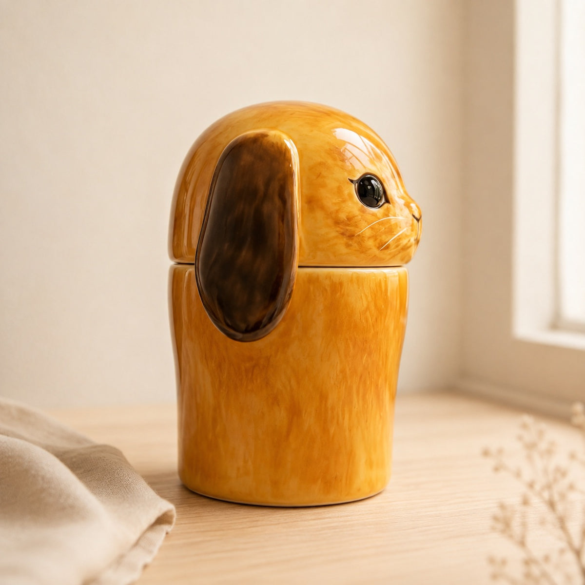 Right side view of a personalized ceramic lop-eared rabbit urn for ashes