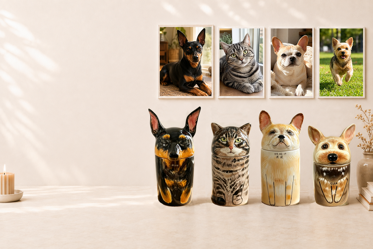 Custom ceramic dog, cat and rabbit memorial urns handcrafted from pet photos
