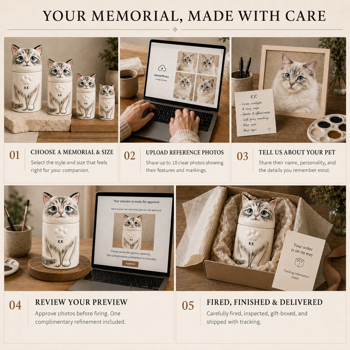 Custom cat urn ordering process from choosing a memorial and uploading pet photos to preview approval and delivery