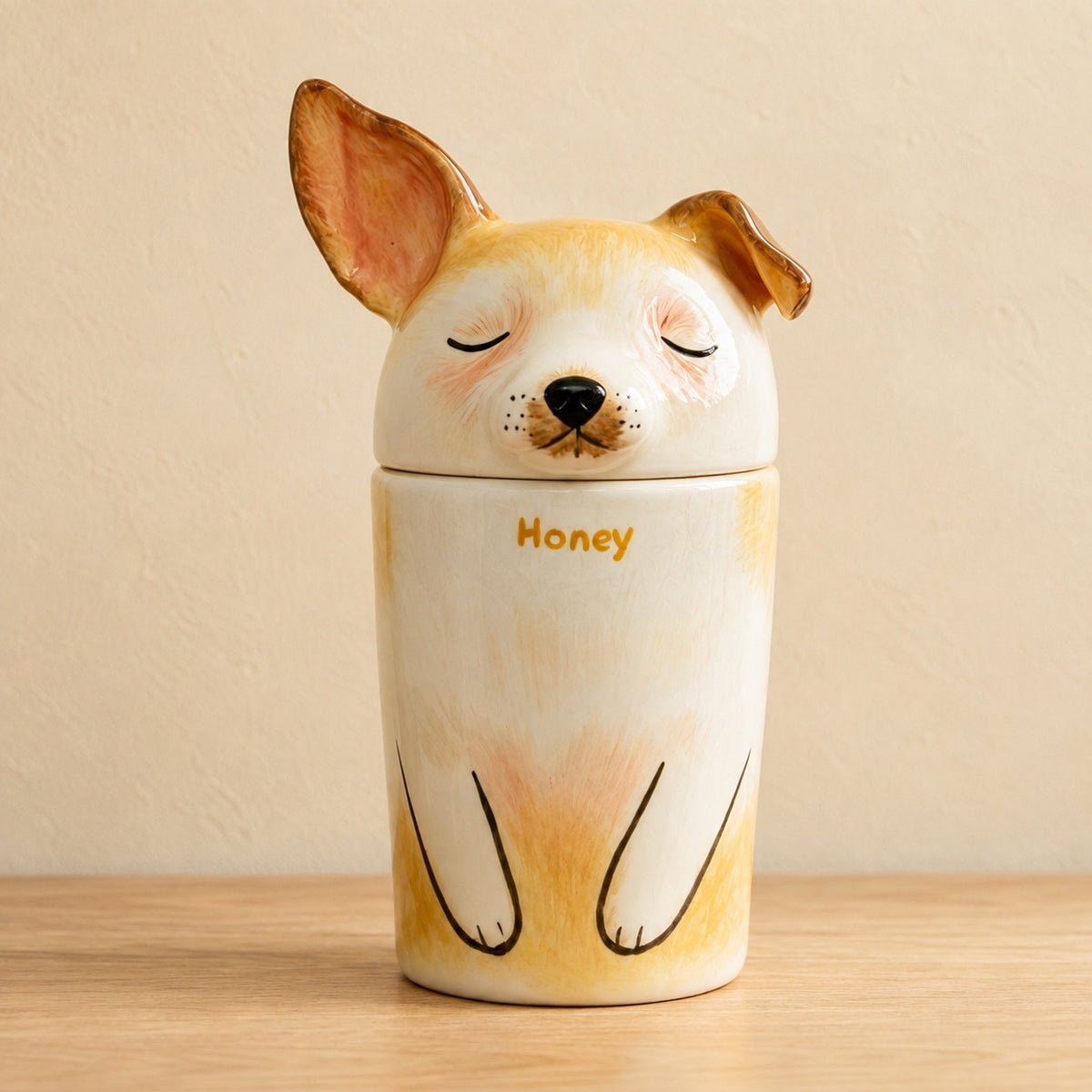 Front view of a hand-painted Corgi urn personalized with the name Honey