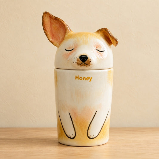 Front view of a hand-painted Corgi urn personalized with the name Honey
