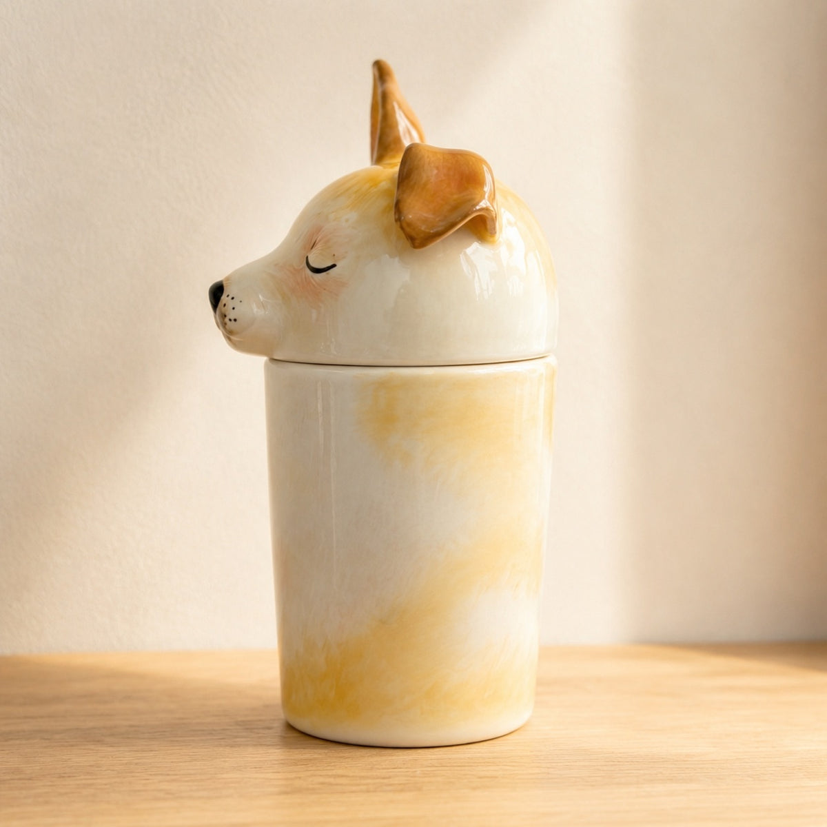 Side profile of a personalized ceramic Corgi memorial urn facing left