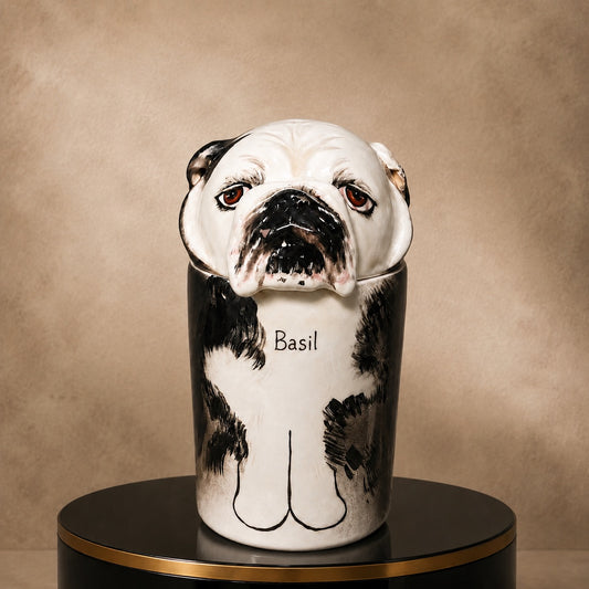 Front view of a custom ceramic English Bulldog urn personalized with the name Basil
