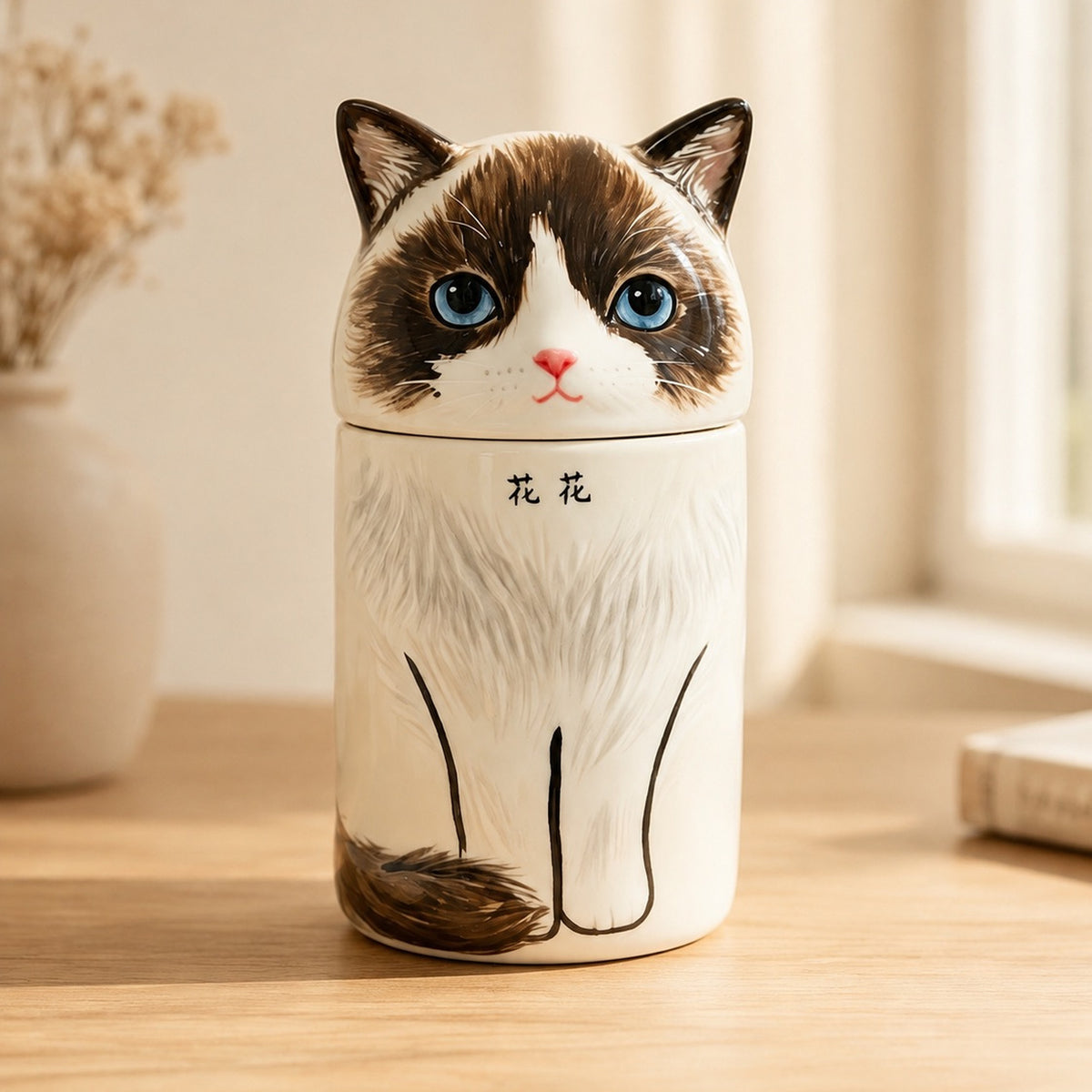 Front view of a personalized Ragdoll cat urn for ashes with a hand-painted Chinese name
