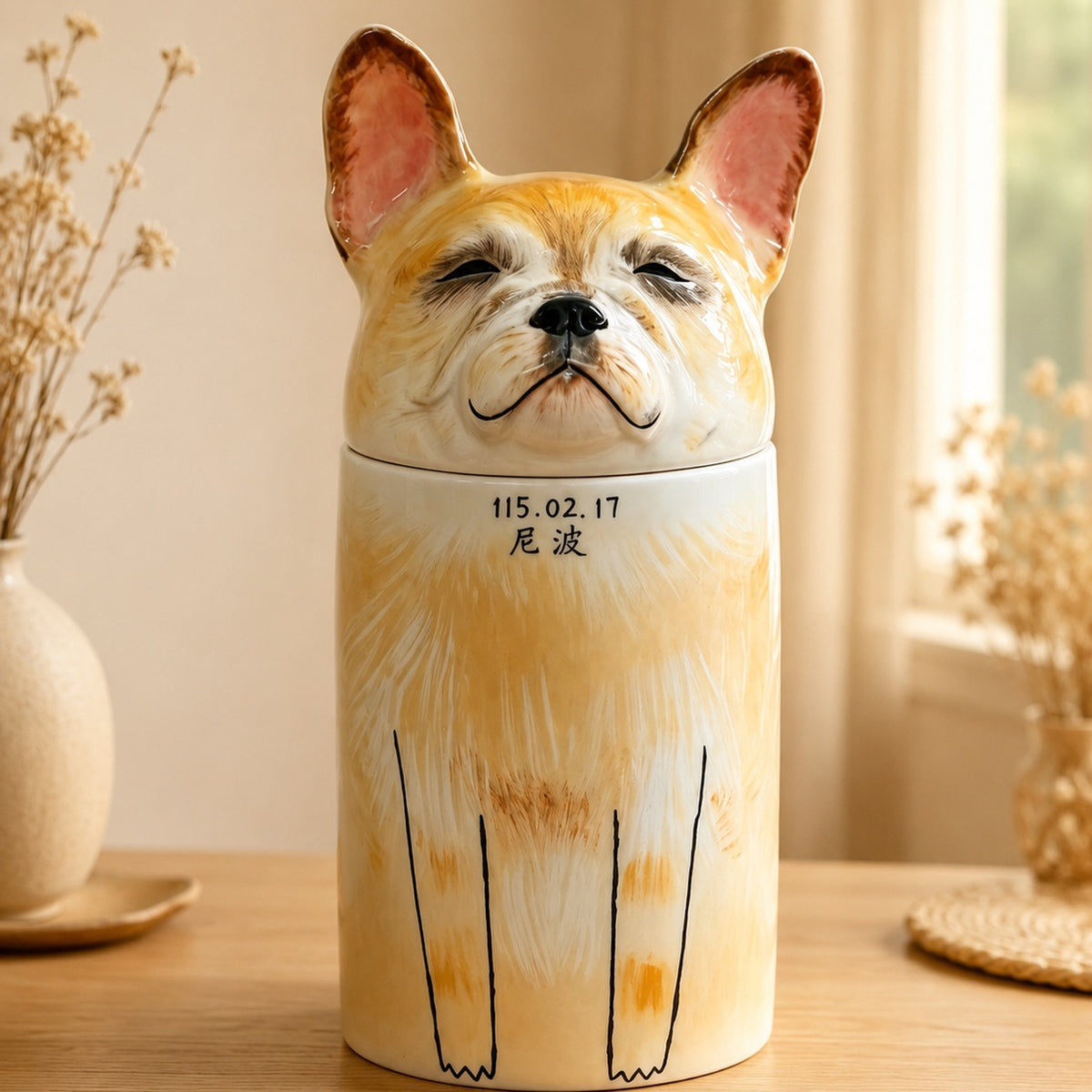 Front view of a hand-painted ceramic Shiba Inu urn personalized with a name and memorial date