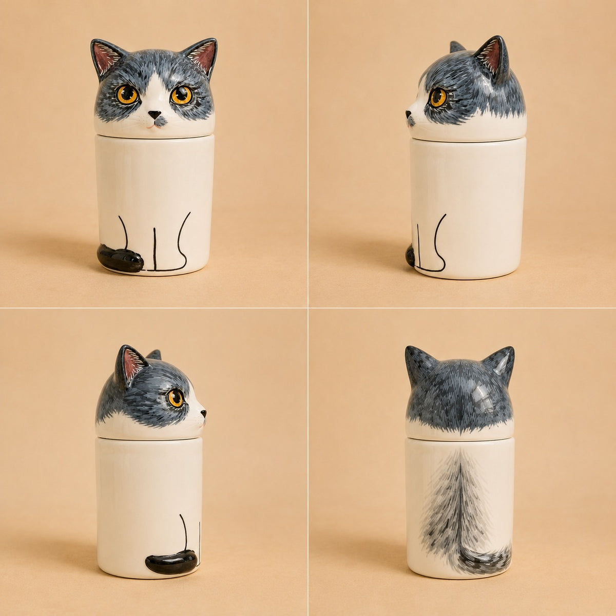Front, side and rear views of a personalized black and white ceramic cat urn for ashes