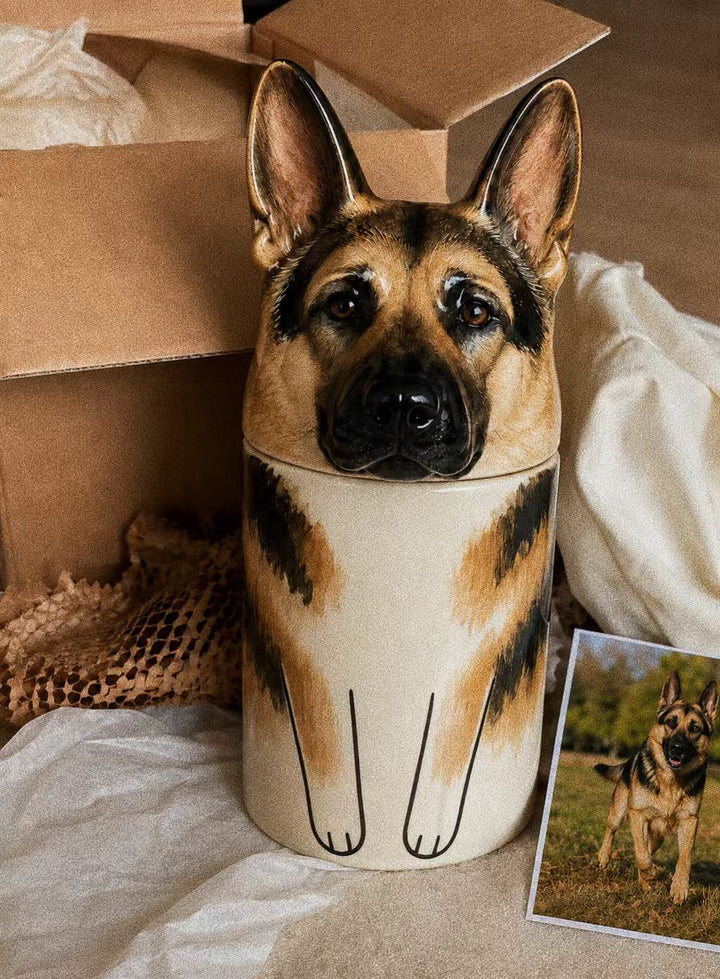 Hand-painted French Bulldog ceramic memorial urn beside a framed pet photo