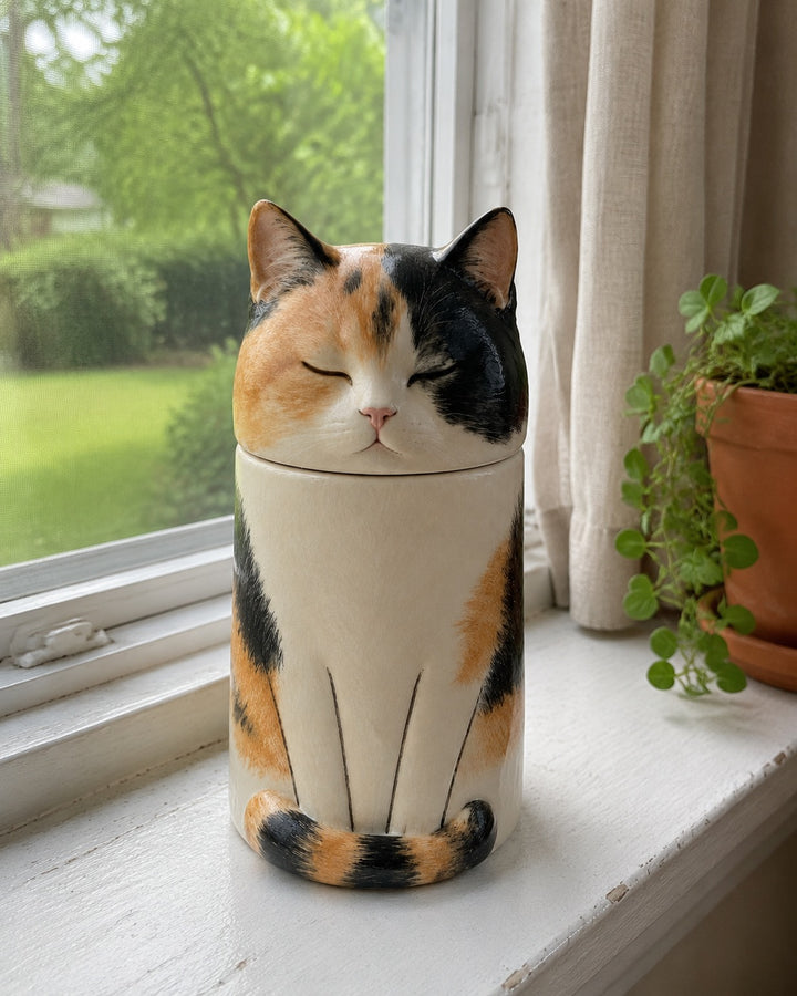 Hand-painted ceramic pet memorial displayed as a quiet home keepsake