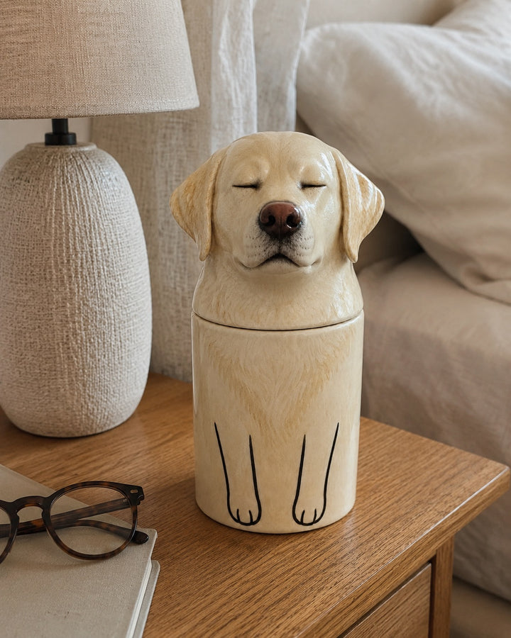 Soft-colored ceramic pet memorial with a gentle sleepy expression