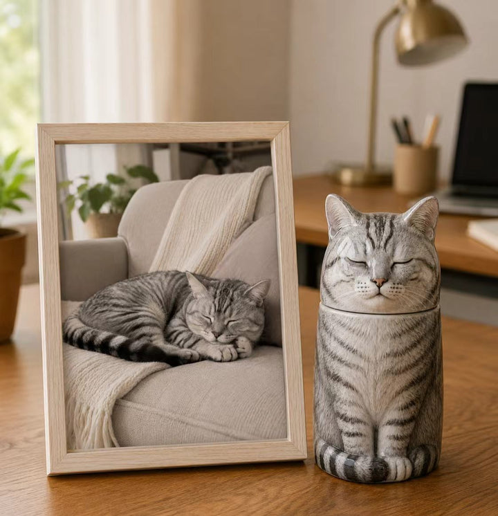Striped cat ceramic memorial displayed beside the reference photograph