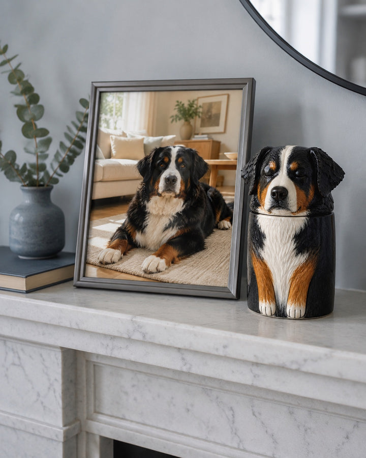 Brown and white dog ceramic memorial with a distinctive white blaze and calm expression