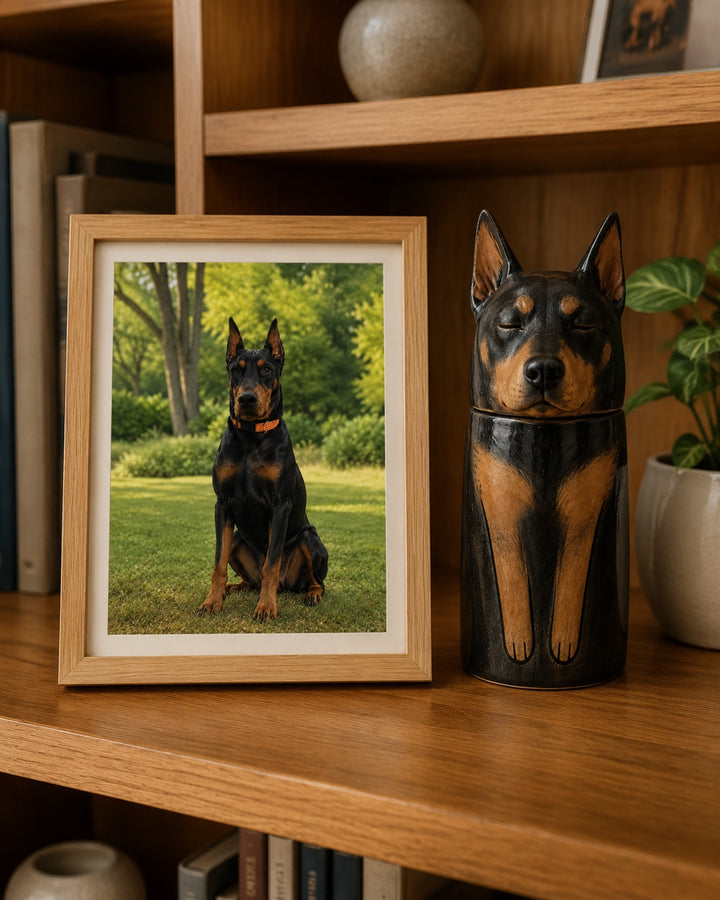 Custom ceramic dog memorial with distinctive upright ears and a proud expression
