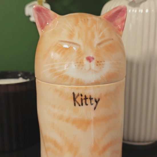 360-degree video of a personalized orange tabby cat ceramic urn for ashes, showing the front, sides, and back