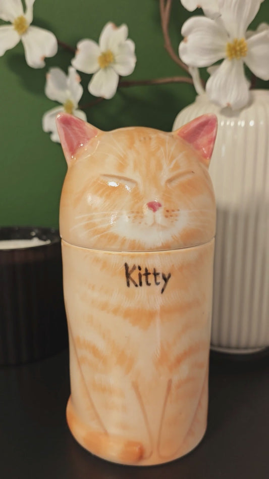 360-degree video of a personalized orange tabby cat ceramic urn for ashes, showing the front, sides, and back
