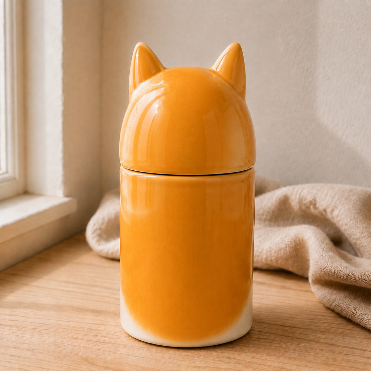 Back view of a custom ceramic Shiba Inu urn for ashes