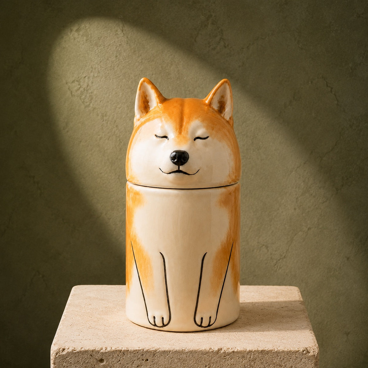Custom Shiba Inu urn for ashes displayed in a warm home setting