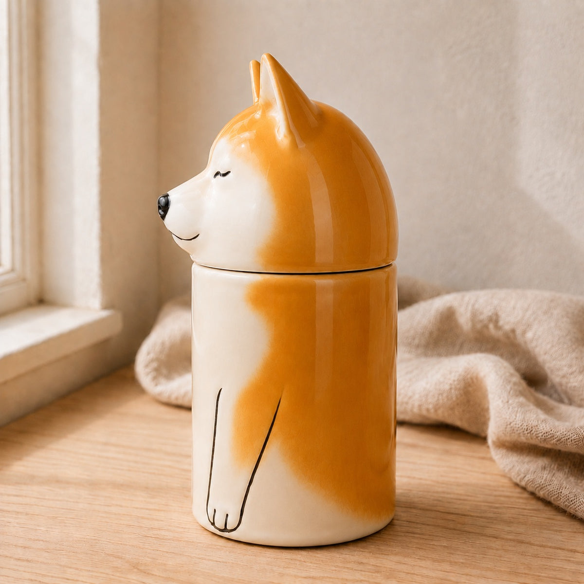 Left side view of a custom ceramic Shiba Inu urn for ashes