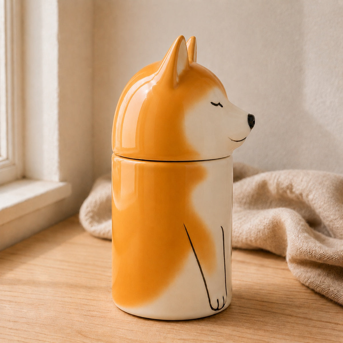 Right side view of a personalized ceramic Shiba Inu urn for ashes