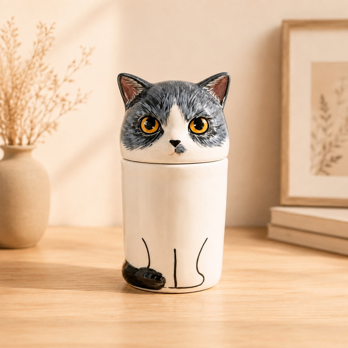 Small personalized ceramic cat urn for ashes displayed in a warm home interior